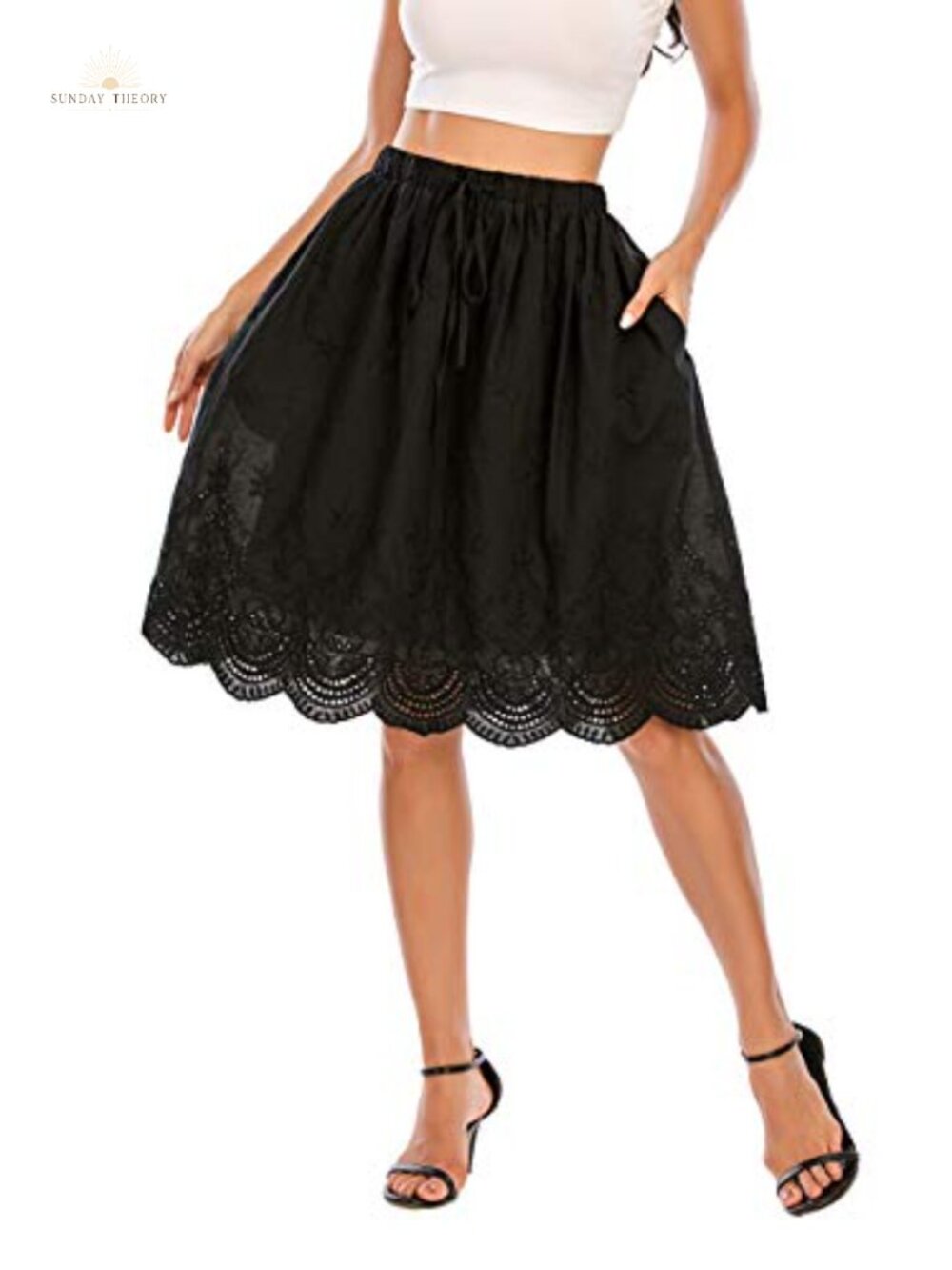 100% Cotton Embroidered A-Line Knee Length Skirt with Pockets